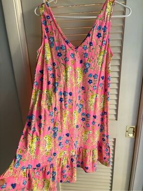 Lilly Pulitzer Pink Floral V-Neck Sundress with Blue & Yellow Accents